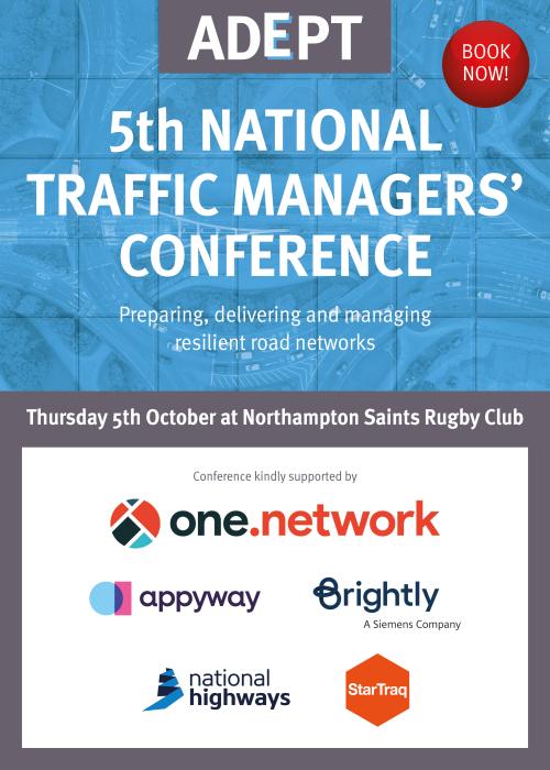 Image promoting the 5th National Traffic Managers conference - blue on top half with logos of sponsors on bottom half - one.network, AppyWay, Brightly, National Highways and StarTraq