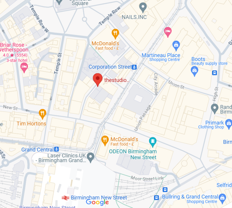 Image shows a map of central Birmingham with thestudio pinned