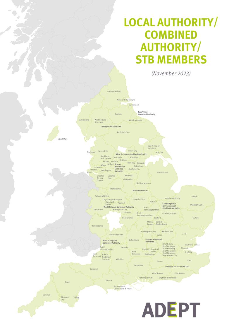 A map of Britain with England highlighted showing ADEPT local and combined authority members