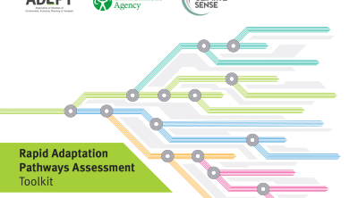 an image showing the front cover of the Rapid Adaptation Pathways Assessment toolkit with a design featuring graphic design pathways and logos for ADEPT, the Environment Agency and Climate Sense