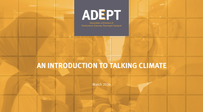 front cover image of the An Introduction to Talking Climate guide - desaturated image of people speaking overlaid with title text and ADEPT logo