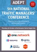 Image promoting the 5th National Traffic Managers conference - blue on top half with logos of sponsors on bottom half - one.network, AppyWay, Brightly, National Highways and StarTraq