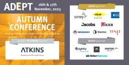 Image promoting ADEPT Autumn Conference - orange and grey with date of conference (16th/17th November), and sponsor logos